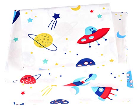 Boys & Girls Spaceship Universe Adventure Printed Twin Sheet Set, 100% Cotton, Flat Sheet + Fitted Sheet + Pillowcase 3 Pieces Bedding Set