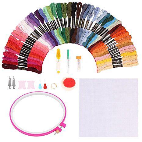 SOLEDI Embroidery Kit 50 Skeins Embroidery Floss Cross Stitch Floss Kit Full Range of Embroidery Starter Kit with Embroidery Hoop, Aida Cloth, Cross-Stitch Tools