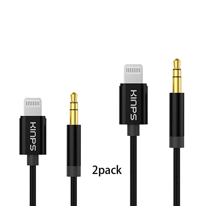 KINPS Apple MFI Certified Lightning to 3.5mm Male Aux Cable (2-Pack), (4FT/1.2M) Nylon Braided Audio Cord Compatible with iPhone Xs/XR/X/8 Plus/8/7 Plus/7, Car Stereo, Home Stereo and More