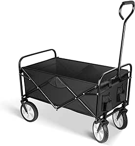 YSSOA Folding Garden Cart PRO, Collapsible Wagon with 360 Degree Swivel Wheels & Adjustable Handle, Black, 220lbs Weight Capacity