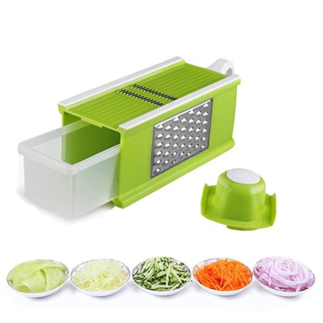 SUMCOO Kitchen Tools Set,Food And Vegetables Mandoline Slicer With Blades For Fruit And Cheese Cutter, Carrot Grater, Onion Chopper, Julienne Peeler with Safety Hat And Container (4 IN 1 Green)