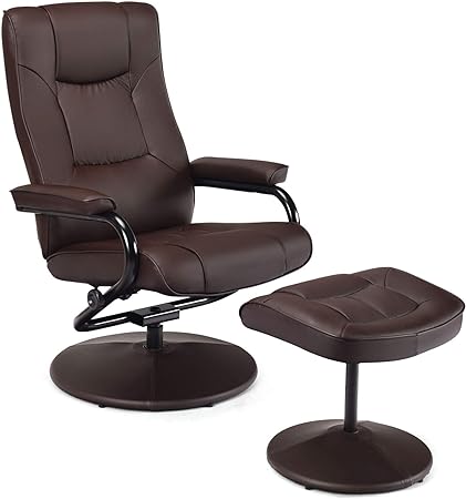 WATERJOY Swivel Recliner Chair, PU Leather Lounge Armchair Recliner, 360 Degree Swivel Overstuffed Padded Seat Chair with Footrest Stool Ottoman Set for Office Living Room Brown