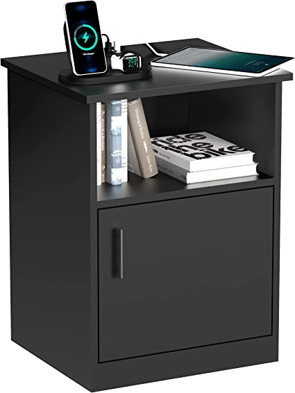 PrimeZone Modern Nightstand with 3 USB Ports - Bedside Table with Cabinet & Open Storage, End Side Table Furniture for Bedroom, Black