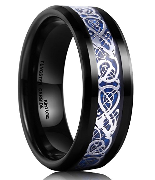 King Will Mens 8mm Black Tungsten Carbide Ring Blue Carbon Fiber Celtic Dragon Wedding Band