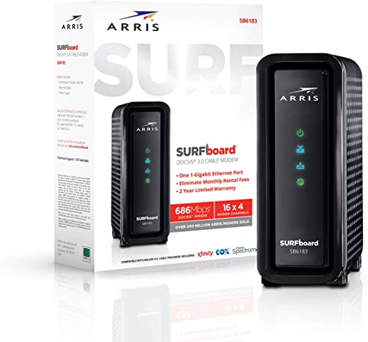 ARRIS Surfboard (16x4) DOCSIS 3.0 Cable Modem, 686 Mbps Max Speed, Certified for Comcast Xfinity, Spectrum, Cox, Cablevision & More (SB6183 Black)