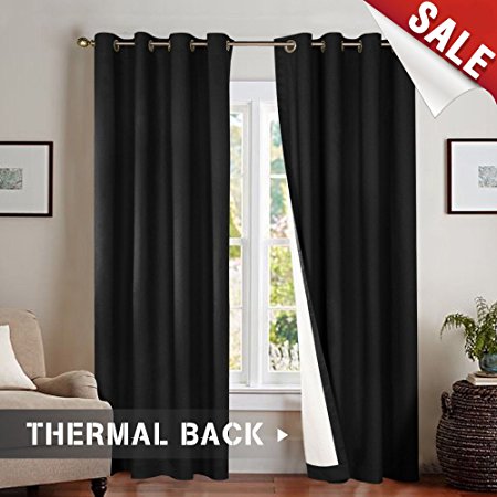 jinchan Blackout Thermal Backed Curtains for Living Room, Lined Bedroom Drapes 95 Inch Length Black Grommet Top Window Curtain, One Panel