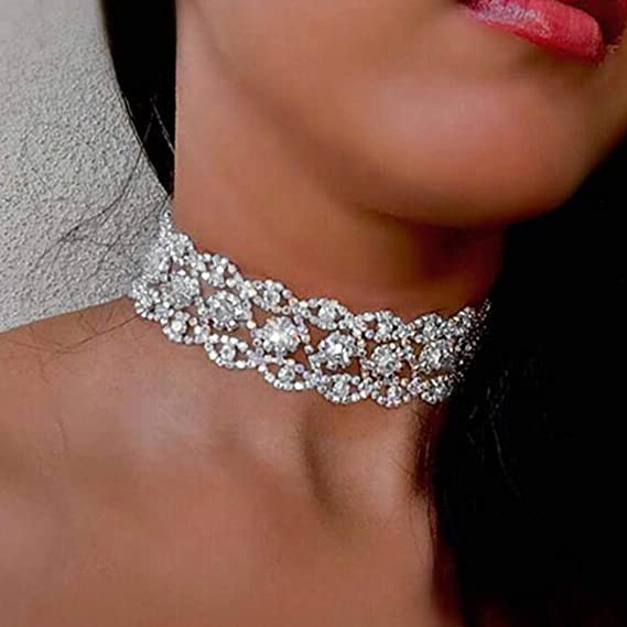 Aukmla Bride Wedding Crystal Choker Silver Rhinestone Bridal Choker Necklace Neck Jewelry Accessories for Women and Girls Necklace-016