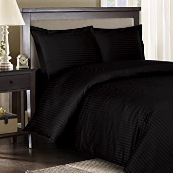 Royal Hotel 8pc Queen Size Bed-in-a-Bag Striped Black 600-Thread-Count Siberian Goose Down Alternative Comforter 100 Percent Cotton - Includes Sheets and Duvet Cover Sets