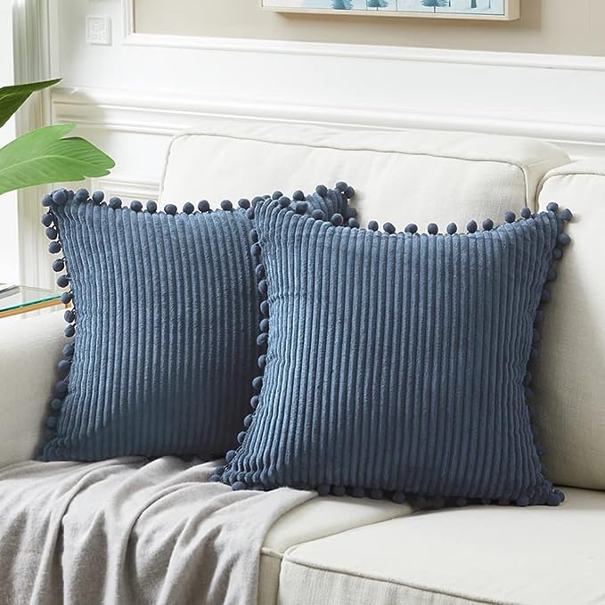 Fancy Homi Pack of 2 Dusty Blue Decorative Throw Pillow Covers 18x18 Inch with Pom-poms for Living Room Couch Bedroom, Soft Corduroy Solid Square Cushion Case 45x45 cm, Rustic Farmhouse Home Decor