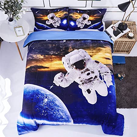 HIG 3D Bedding Set 2pc Twin Size Outer Space Astronaut Print Comforter Set with One Matching Pillow Sham - Box Stitched Quilted Duvet - General for Men and Women Especially for Children (P24,Twin)