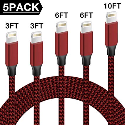 TNSO iPhone Charger MFi Certified Lightning Cable 5 Pack [3/3/6/6/10FT] Extra Long Nylon Braided USB Charging & Syncing Cord Compatible iPhone Xs/Max/XR/X/8/8Plus/7/7Plus/6S/6S Plus/SE/iPad/Nan More