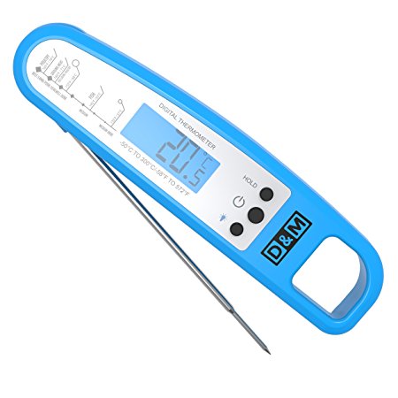 D&M Instant Read and Foldable Digital Meat Thermometer with Steel Probe, Blue
