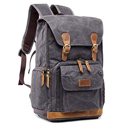 S-ZONE Waterproof Waxed Canvas Camera Backpack Camera Case 14 inch Laptop and Tripod (2-Grey)