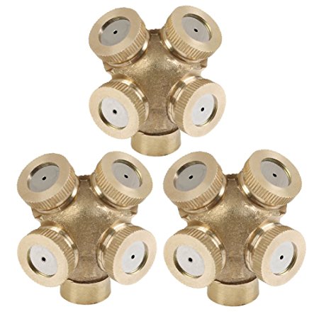 Holeco 1\4 " Misting Nozzles 4 Hole Brass Spray Nozzle Garden Sprinklers Irrigation Fitting Water Connector Pack of 3