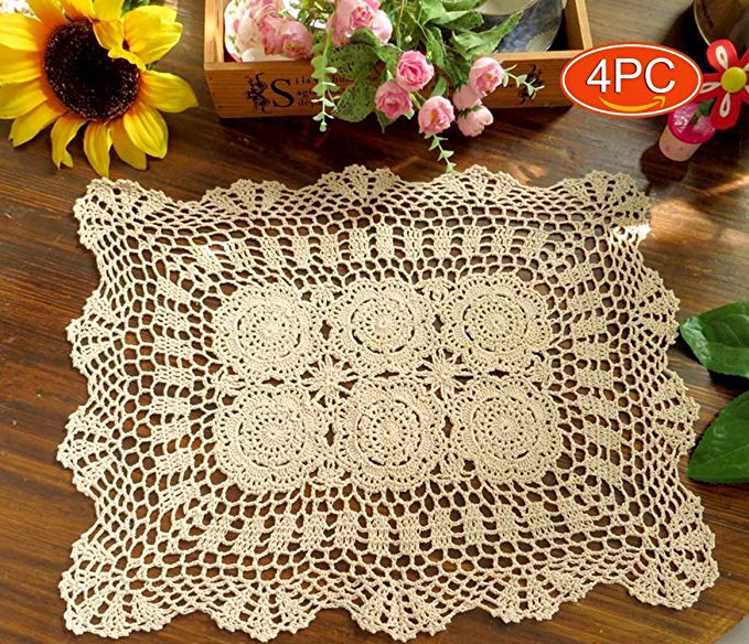 Elesa Miracle 14x18 Inch 4pc Handmade Rectangle Crochet Cotton Lace Table Placemats Sofa Doilies Value Pack, Rectangle, Beige, (Beige)