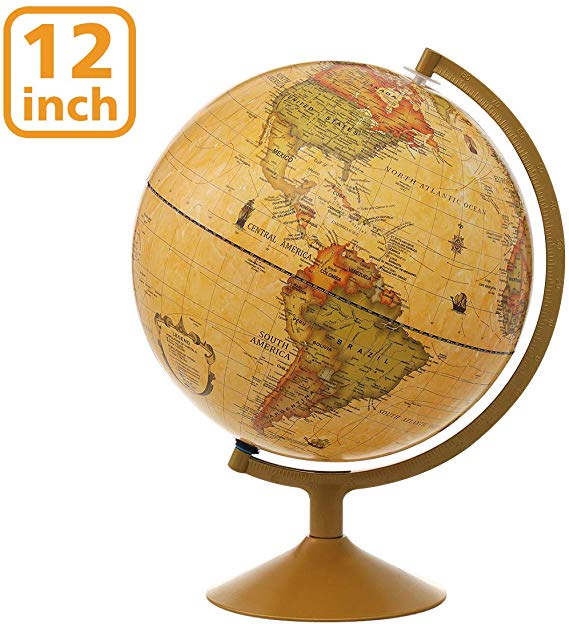 World Globe, KingSo Antique Globe for Kids 12 Inch Bronze Desktop World Globe with Steel Stand Over 4000 Locations, Earth Globe Educational Gift Toys Perfect Decoration for Office and Study