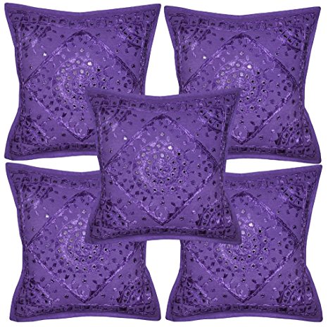 Mirror & Embroidered Work Handmade Cotton Cushion Cover Set of 5 Pcs 16x16 Inch Purple Color