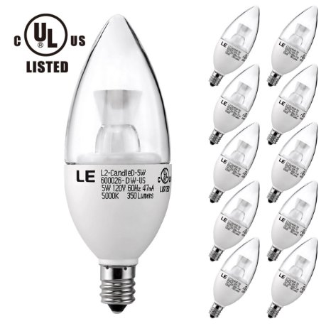 LE 5W Dimmable C37 E12 LED Bulbs, 5000K Daylight White LED Torpedo, (40W Equivalent), UL Listed, Candelabra Bulbs, 350lm, 120¡ã Flood Beam, LED Candle Bulbs, LED Light Bulbs, 10 Pack