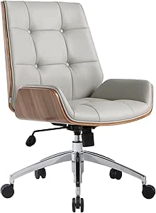 Executive Office Desk Chair with Wheels, Comfy Heavy Duty Computer Desk Chair with Adjustable Height, Mid Century Modern Swivel Chair with Leather, Bentwood Seat and Back for Home Office(Grey)