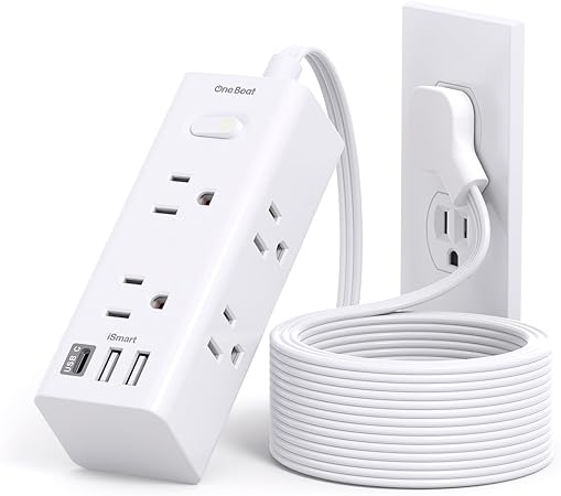 10Ft Extension Cord with Multiple Outlets, Flat Plug Power Strip Surge Protector with 10 Ft Long Cord, 6 Outlet 3 USB Ports (1 USB C), Multi Outlet Wall Plug for Travel, College, Dorm Room Essentials