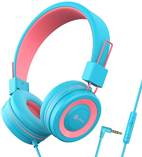 iClever HS14 Kids Headphones - Wired Headphones for Kids with MIC, Adjustable Headband, Stereo Sound, Foldable, Untangled Wires, 3.5mm Aux Jack, 94dB Volume Limited - Childrens Headphones on Ear (Blue,Pink)