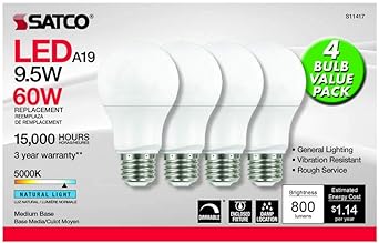 4Pk - Satco 9.5w 120v A19 LED E26 Medium Base 800 Lumens 5000k