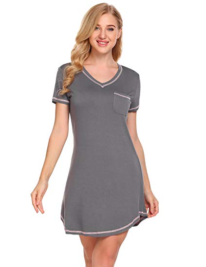 Langle Womens Nightgowns Short Sleeve V Neck Cotton Sleepwear Sleepshirt S-XXL