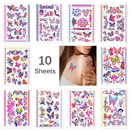 Temporary Tattoo, Lady Up Cute Colorful Flower Butterfly Temp Tattoos for Adults Women and Men Henna Body Art 10 Sheets (Neon Color)
