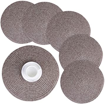 DACHUI Round Braided Placemats Set of 6 Washable Round Placemats for Kitchen Table 15 inch(Brown)