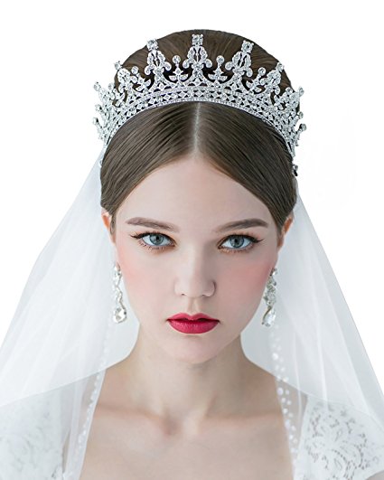 SWEETV Royal Wedding Crown CZ Crystal Pageant Tiara Bridal Headpiece Women Hair Jewelry, Silver Clear