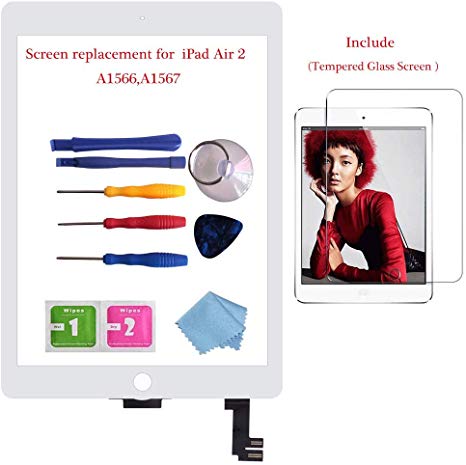 for iPad Air 2 Glass Touch Screen Digitizer Replacement Kit White A1566,A1567 with Screen Protector, Instruction Manual，and Repair Toolkit