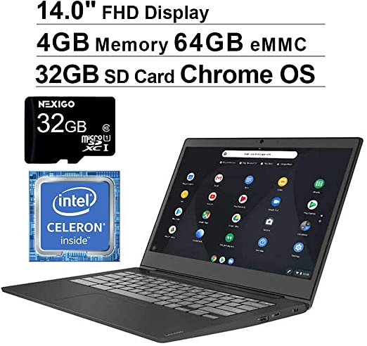 2020 Newest Lenovo Chromebook 14 Inch FHD 1080P Laptop for Business Student, Intel Celeron N4000 up to 2.6 GHz| 4GB LPDDR4 RAM| 64GB eMMC| Chrome OS   NexiGo 32GB SD Card