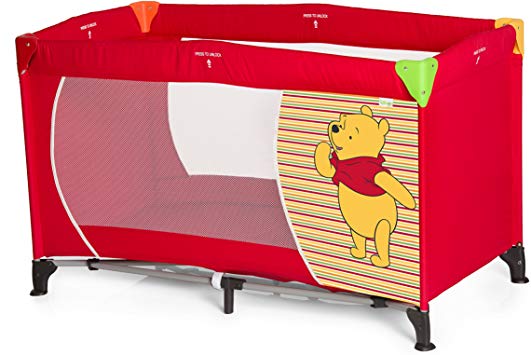 Hauck Dream’n Play, Travel Cot 120 x 60 cm from Birth to 15 kg, 3-Part Travel Bed with Folding Mattress and Carry Bag, Tilt-Resistant, Pooh Spring Brights Red