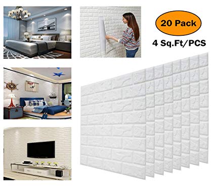 20pcs 3D Brick Wall Stickers Self-adhesive Wallpaper White Faux Brick Textured Effect Background for Wall Decoration