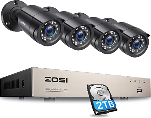 ZOSI H.265  Security Cameras System, 8 Channel 5MP Lite Surveillance DVR with 2TB HDD Built-in and 4pcs Bullet Security Cameras for Outdoor Indoor Home Security CCTV System