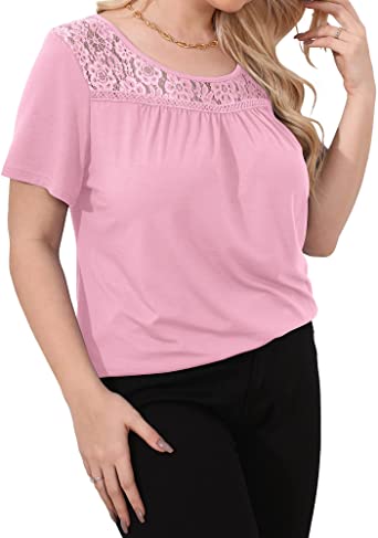 Women’ s Short Sleeve Tunic Tops - ZYFMAILY Solid Color Lace Pleated Blouse for Woman Work Office(0X-4X)