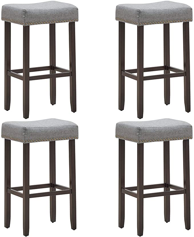 COSTWAY Set of 4 Saddle Bar Stools, 29" H Backless Counter Stool, Brass Nail Head Studs, Upholstered Sponge Cushion & Solid Rubber Wooden Legs, Contemporary, Classical, Elegant Modern