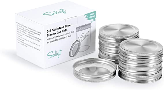 Soligt 316 Stainless Steel Mason Jar Lids with Silicone Airtight & Leak-Proof Seal - Wide Mouth