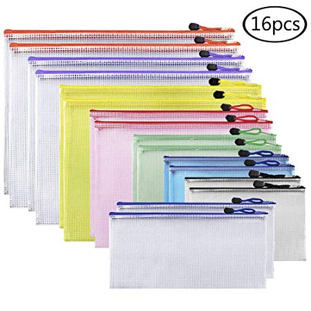 JPSOR 16pcs Mesh Zipper File Bags, 8 Sizes and 8 Colors Document Pouch, for Office and Travel Organization (16)