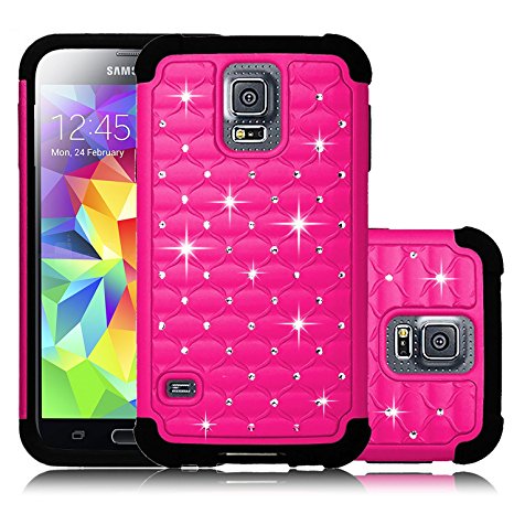 Galaxy S5 Case, Venoro Diamond Studded Bling Crystal Rhinestone Dual Layer Hybrid Cover Silicone Rubber Hard Case for Samsung Galaxy S5 I9600 (Verizon, AT&T Sprint, T-mobile) (Hot Pink)