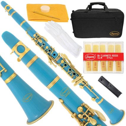 Lazarro 160-SB-L B-Flat Bb Clarinet Sea Blue-Gold Keys with Case, 11 Reeds, Care Kit and Many Extras