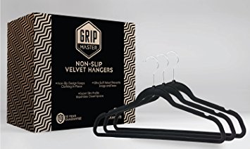 The Original GRIP MASTER Non Slip 50-Pack Thin Velvet Suit Hangers, 360 Degree Swivel Hooks, Heavy Duty, Black