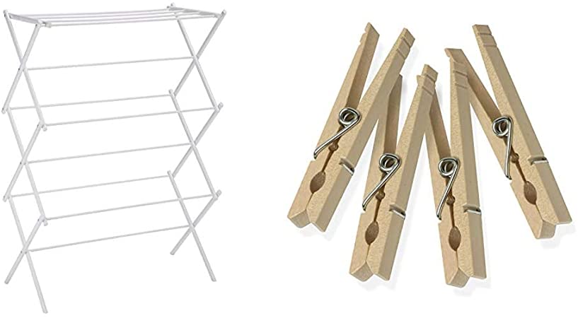 AmazonBasics Foldable Clothes Drying Laundry Rack - White & Honey-Can-Do DRY-01375 Wood Clothespins with Spring, 50-Pack, 3.3-inches Length,Brown