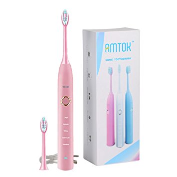 AMTOK Electric Toothbrush Sonicare Rechargeable Toothbrush IPX7 Waterproof Electronic Toothbrush for Deep Clean with 1 Replacement Heads( 5 Brushing Modes) Pink