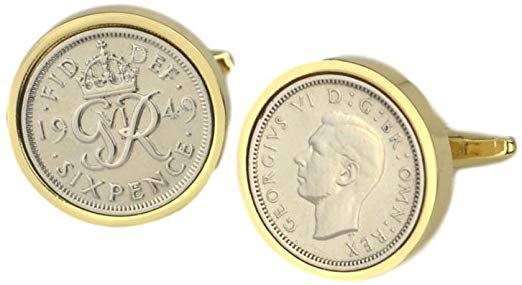 Lucky Sixpence Cufflinks with Gold Mount | 1949 coins, 70th birthday present, Boxed, 1949 Anniversary