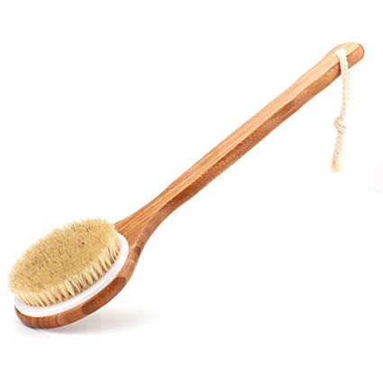 Bath Body Brush with Long Bamboo Handle – Natural Bristle Shower Brushes – Improves Blood Circulation, Exfoliates, Skin Health - Wet or Dry Back Scrubber