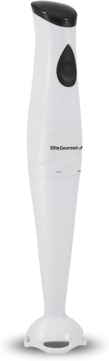 Elite Gourmet Americana Collection Elite EHB-2425X# Electric Immersion Hand Blender, Mixer, Chopper, 1-Touch Control Soups, Sauces, Baby Food, Removable Blending Stick, 150 Watts, White