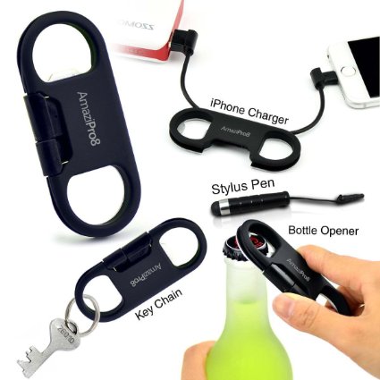 AmaziPro8 iPhone Charge Sync Cable   Bottle Opener   Key Chain   Mini Stylus Pen   Dust Plug (Black)