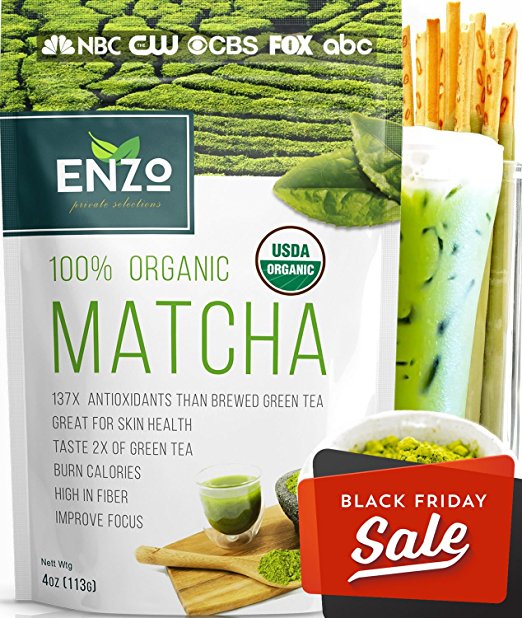 Matcha Green Tea Powder 4oz - Organic Strong Milky Taste USDA Certified - 137x Antioxidants Over Brewed Green Tea - Great for Latte, Smoothie, Ice Cream and Baking & Alternative Coffee Substitute