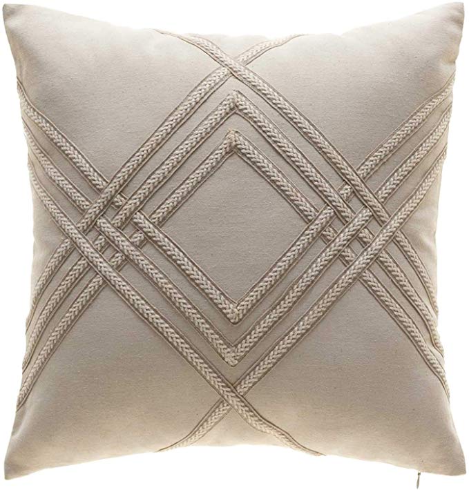 TINA'S HOME Woven Braid Embroidery Geometric Throw Pillow with Down Feather Filling | Natural Solid Linen Blend Accent Pillow for Sofa Chair Bed Decor (20x20 inches, Beige)